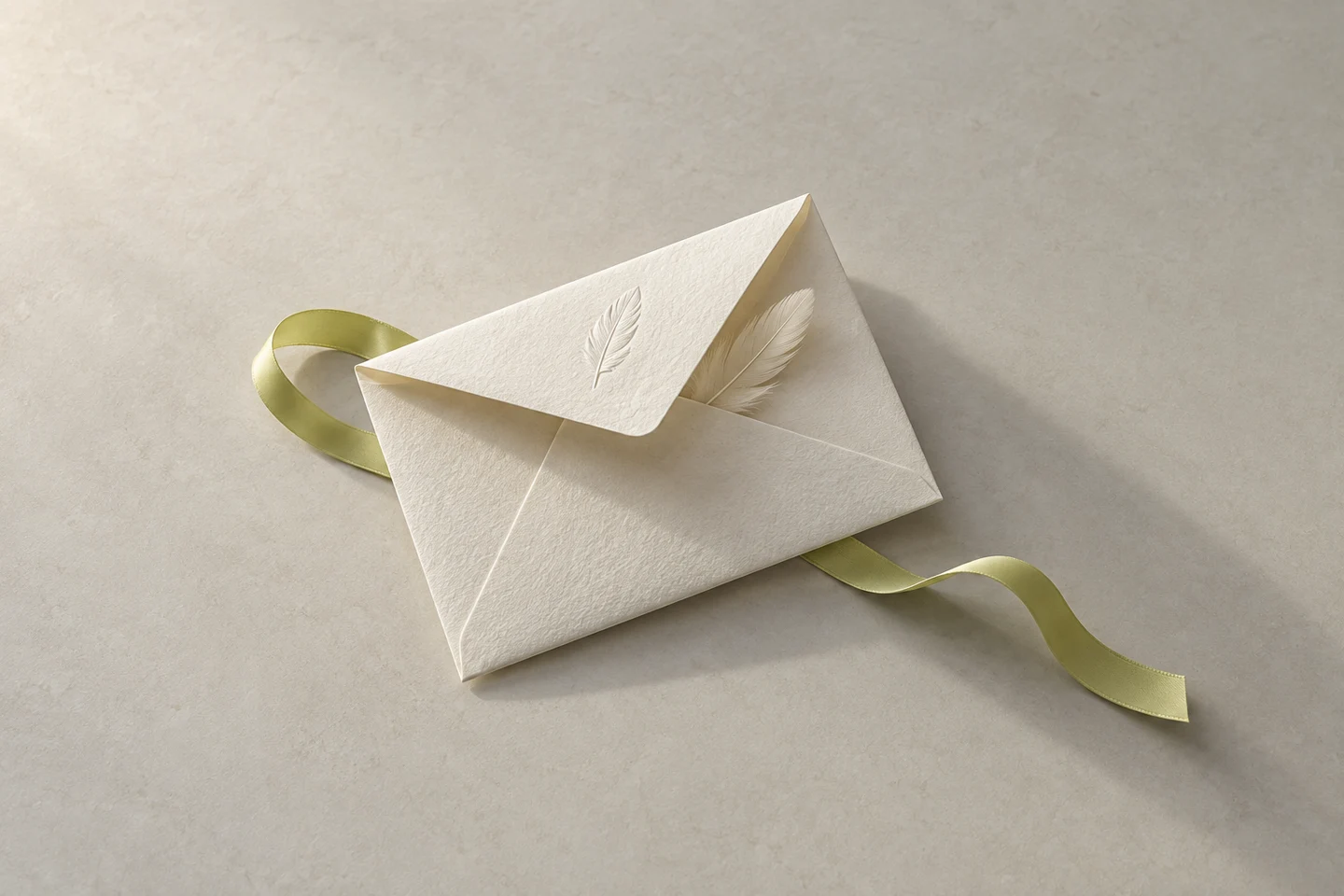 An ivory cotton-paper envelope with an embossed feather, a soft feather inside, and a pale lime silk ribbon