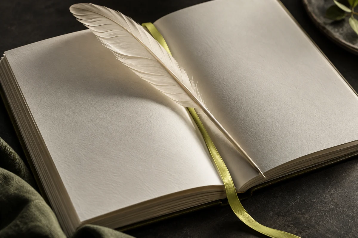 An ivory quill resting across the pages of an open notebook
